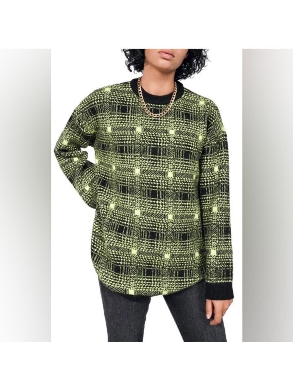 Bp + Wildfang size s crewneck pullover in black green Laura ombre plaid sweater